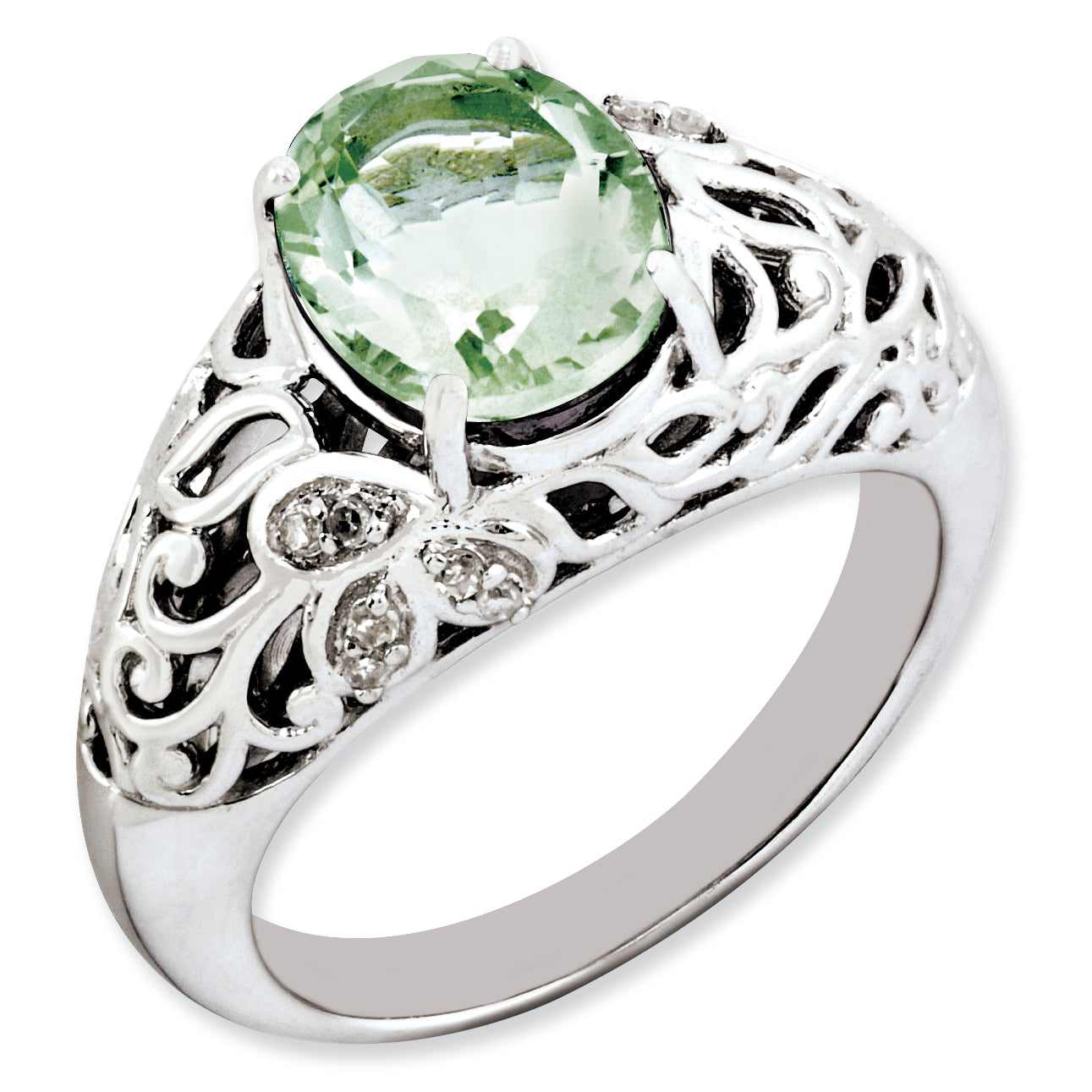 Sterling Silver Rhodium-plated Oval Green Quartz & Diamond Ring Main image