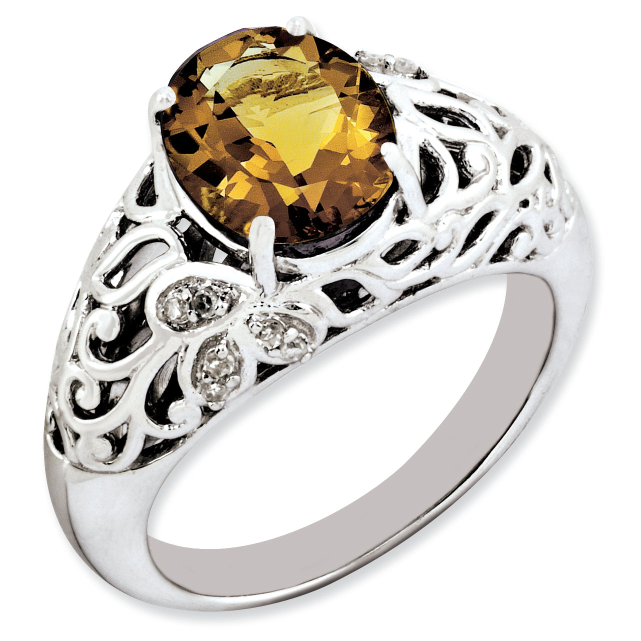 Sterling Silver Rhodium-plated Oval Whiskey Quartz & Diamond Ring Main image