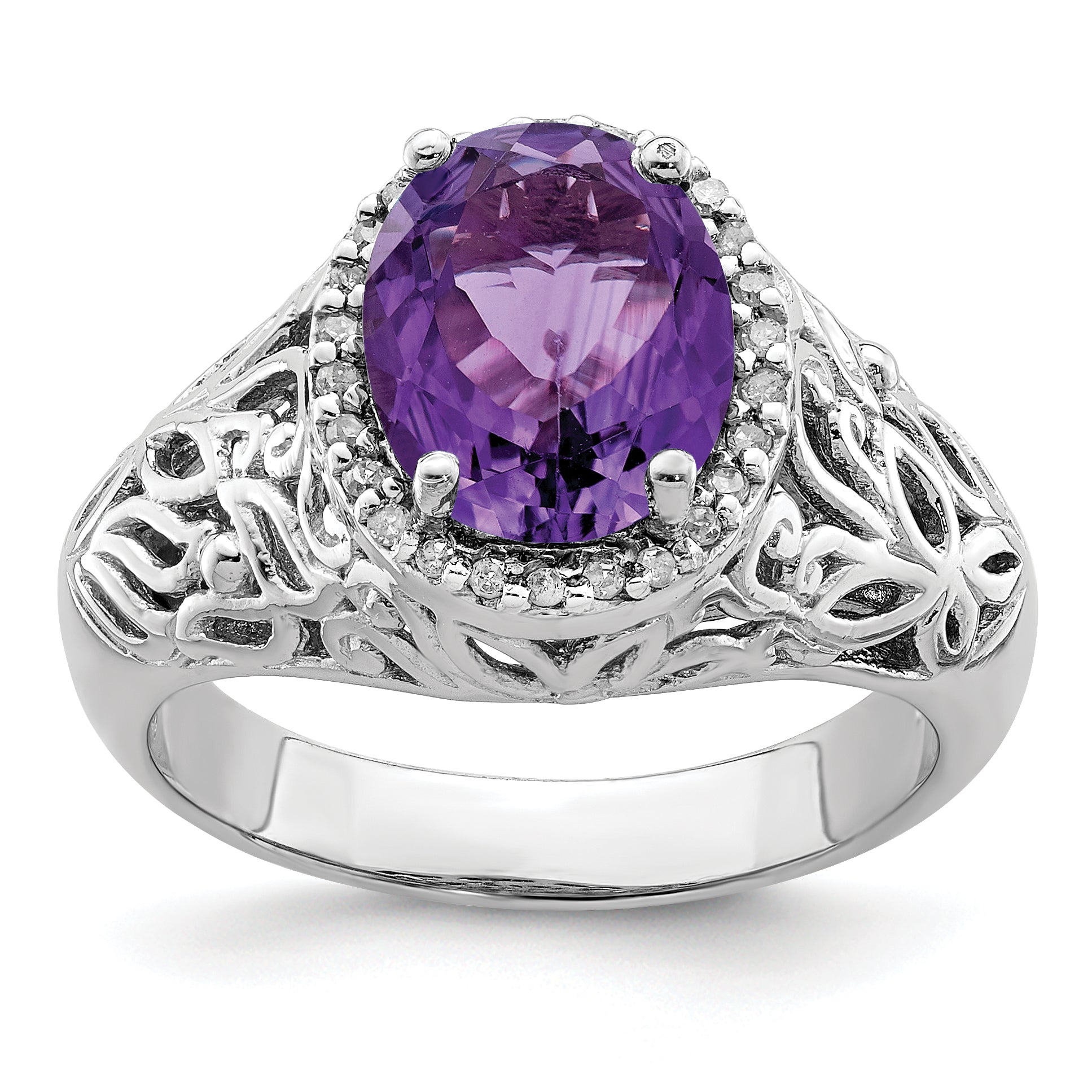 Sterling Silver Rhodium-plated Oval Amethyst & Diamond Ring Main image