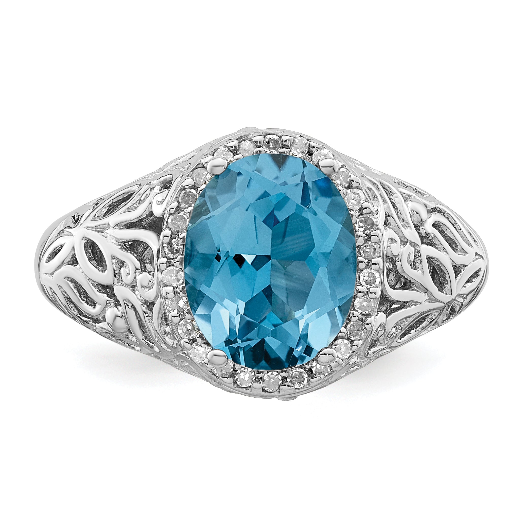 Sterling Silver Rhodium Oval Swiss Blue Topaz & Diam. Ring