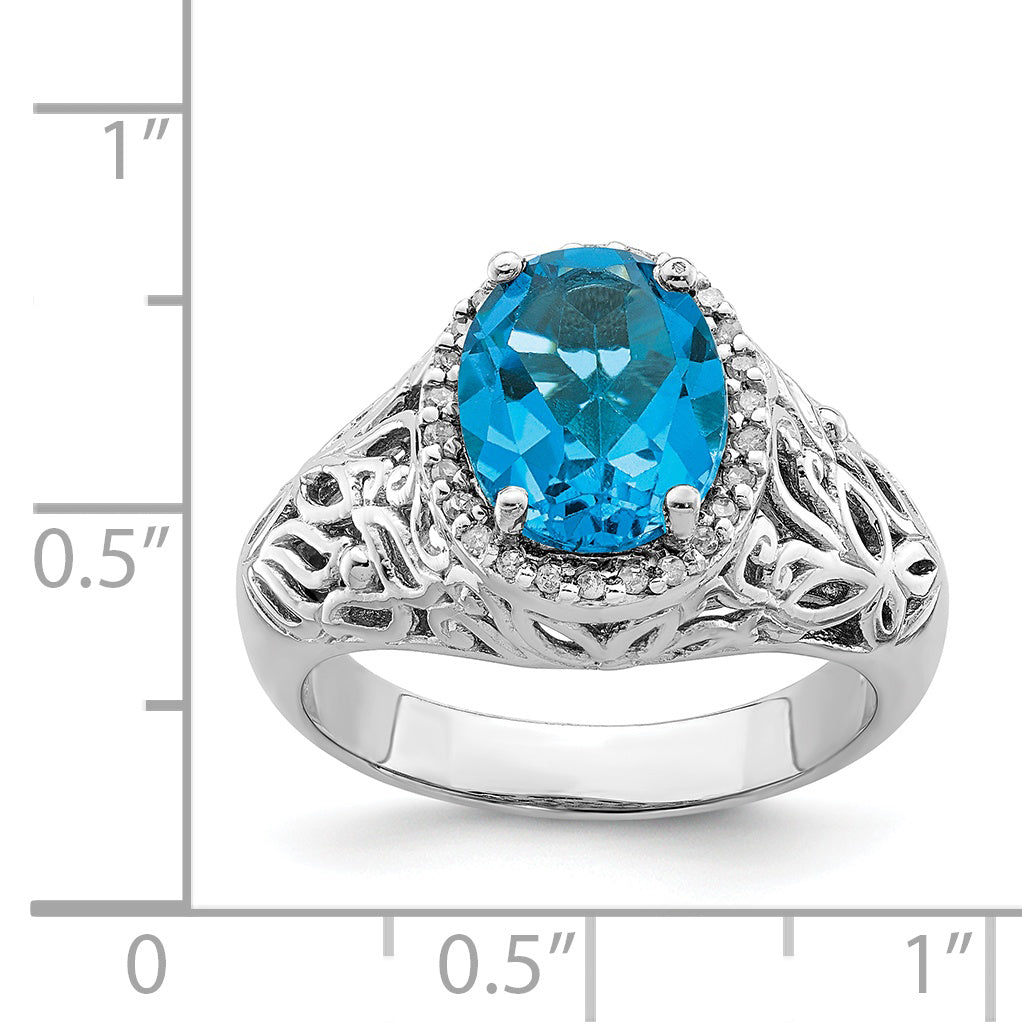 Sterling Silver Rhodium Oval Swiss Blue Topaz & Diam. Ring