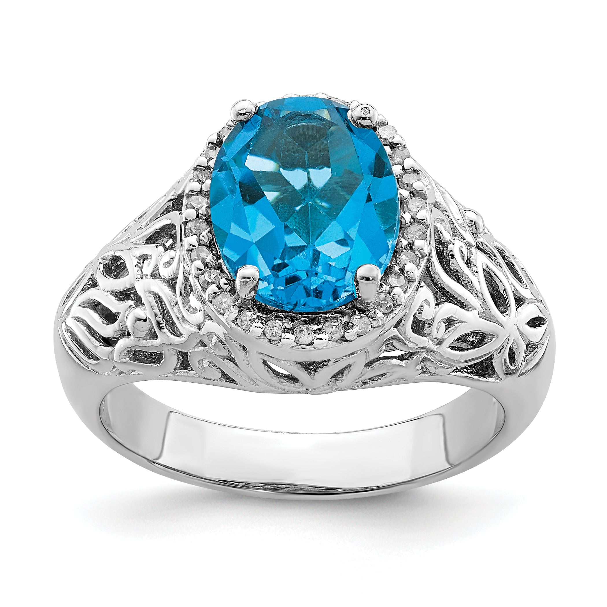 Sterling Silver Rhodium Oval Swiss Blue Topaz & Diam. Ring Main image