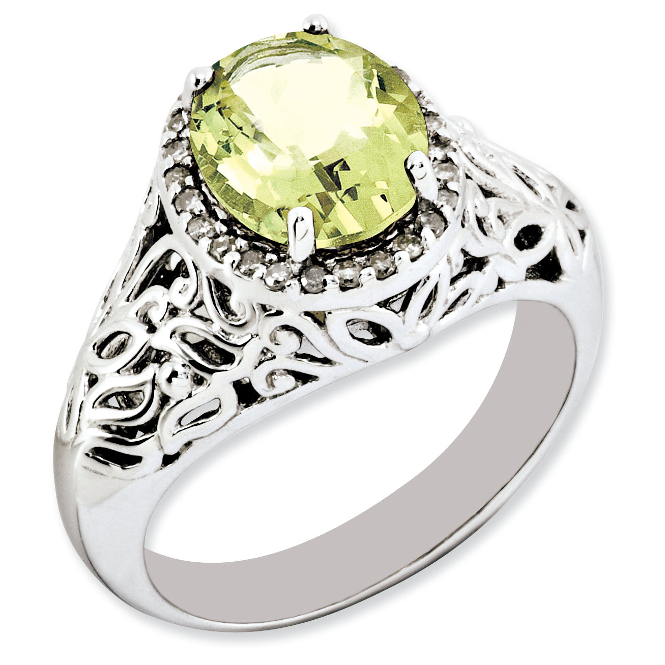 Sterling Silver Rhodium-plated Oval Lemon Quartz & Diamond Ring