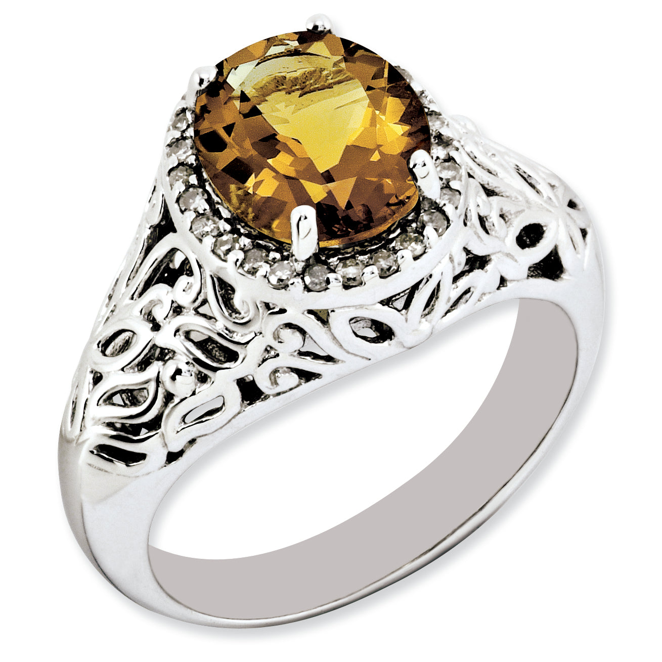 Sterling Silver Rhodium-plated Oval Whiskey Quartz & Diamond Ring Main image