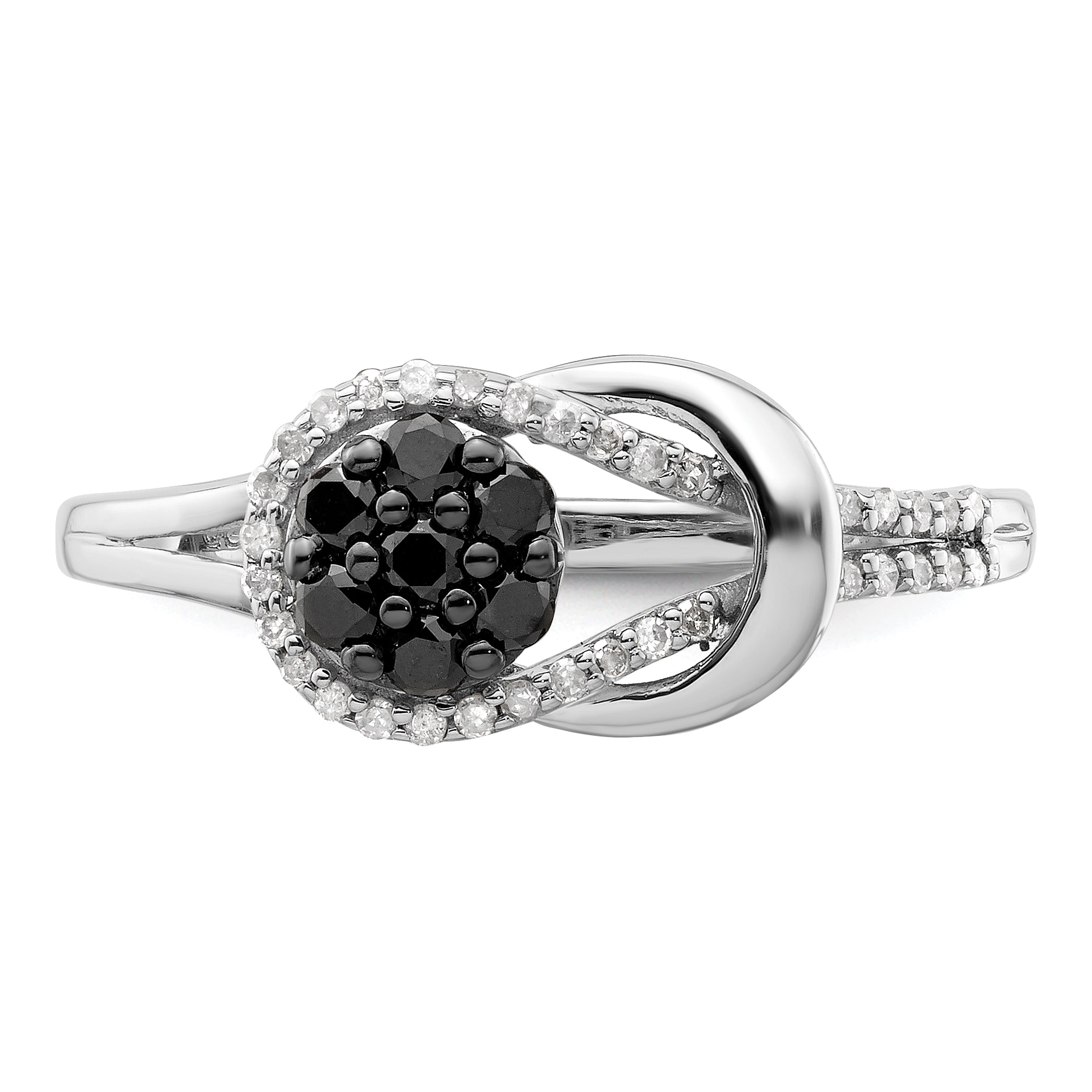 White Night Sterling Silver Rhodium-plated Black and White Diamond Love Knot Ring