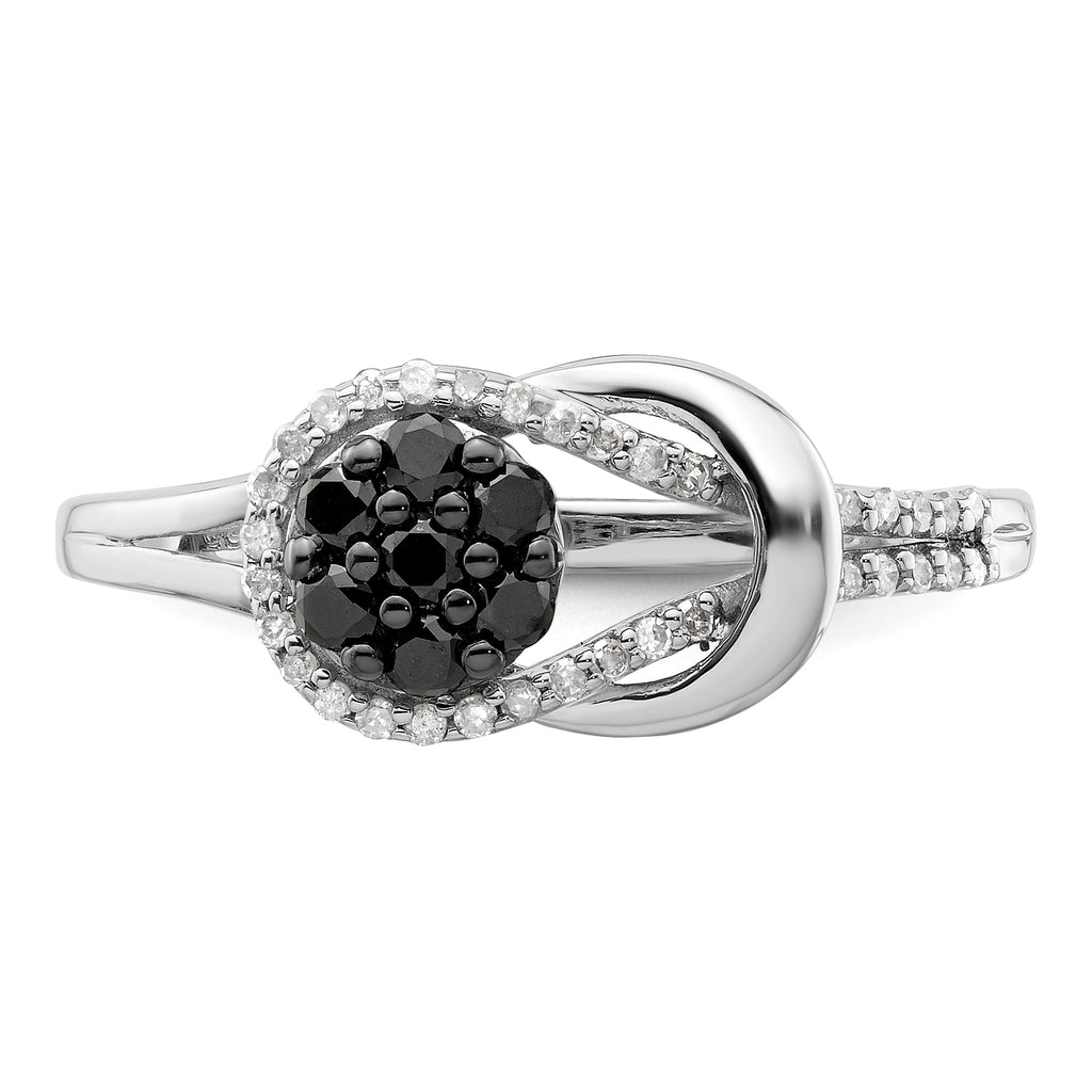 White Night Sterling Silver Rhodium-plated Black and White Diamond Love Knot Ring