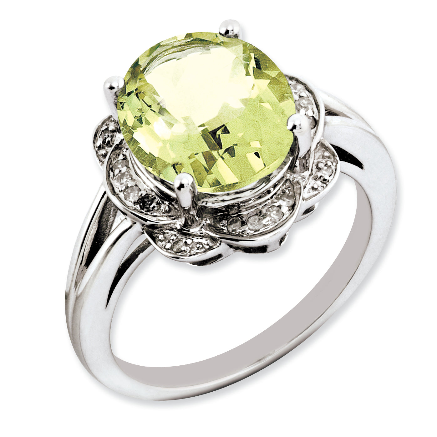 Sterling Silver Rhodium-plated Oval Lemon Quartz & Diamond Ring Main image