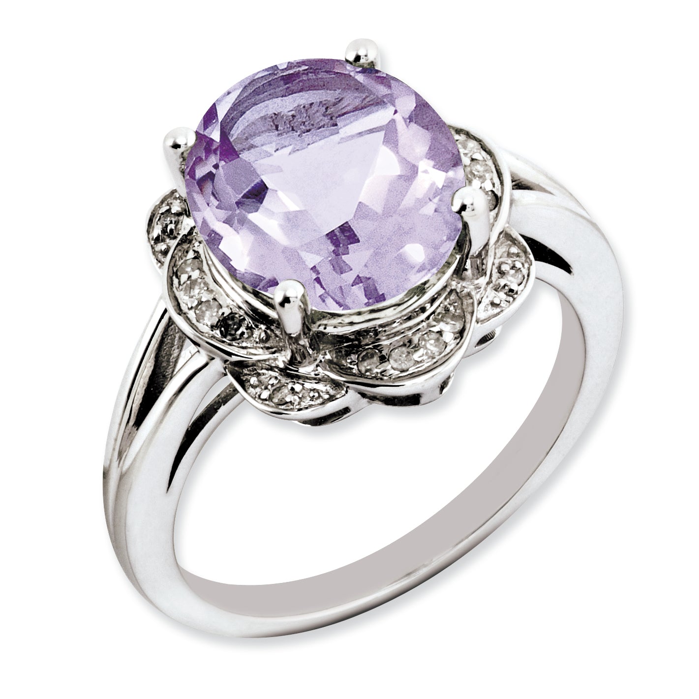 Sterling Silver Rhodium-plated Oval Pink Quartz & Diamond Ring