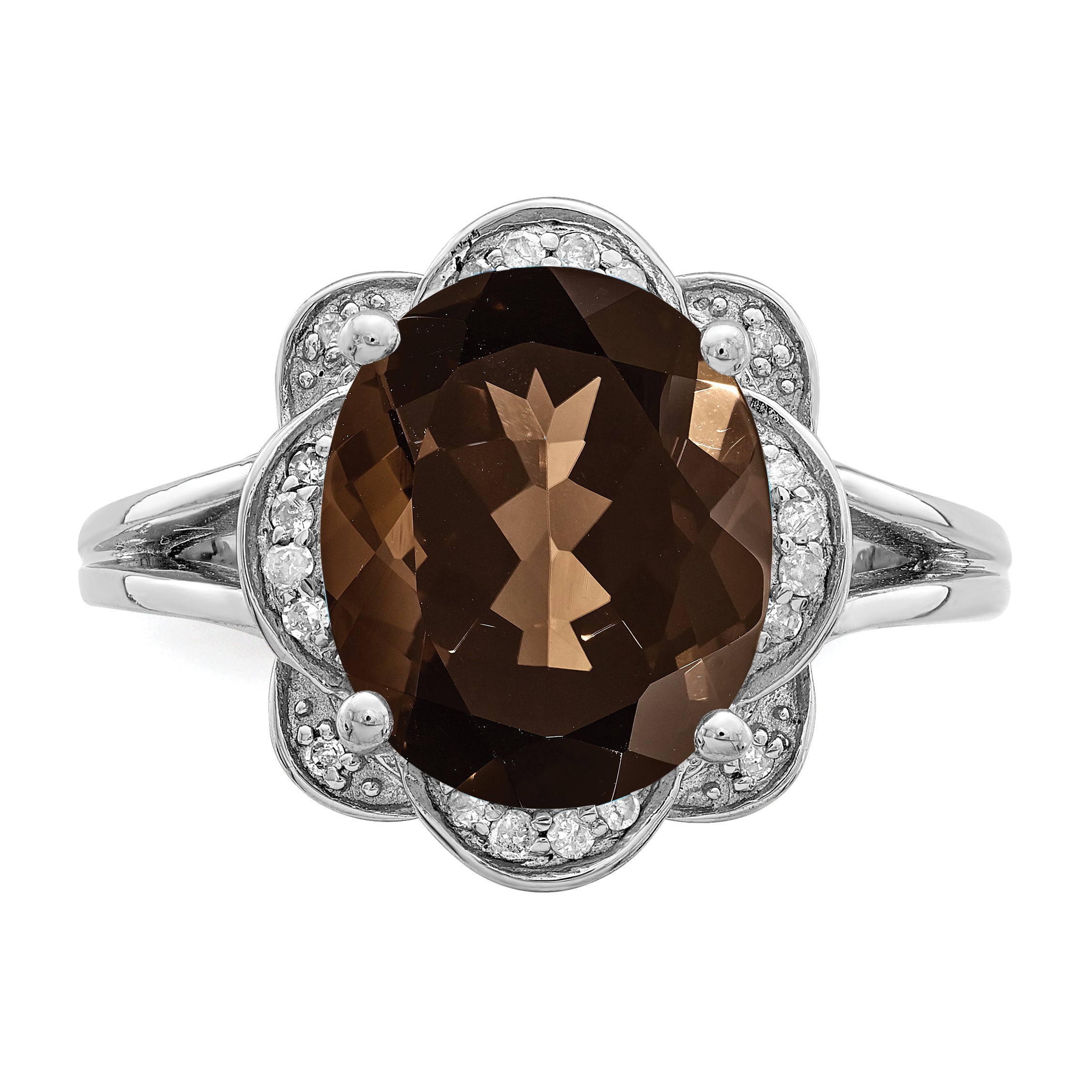Sterling Silver Rhodium Oval Smoky Quartz & Diam. Ring