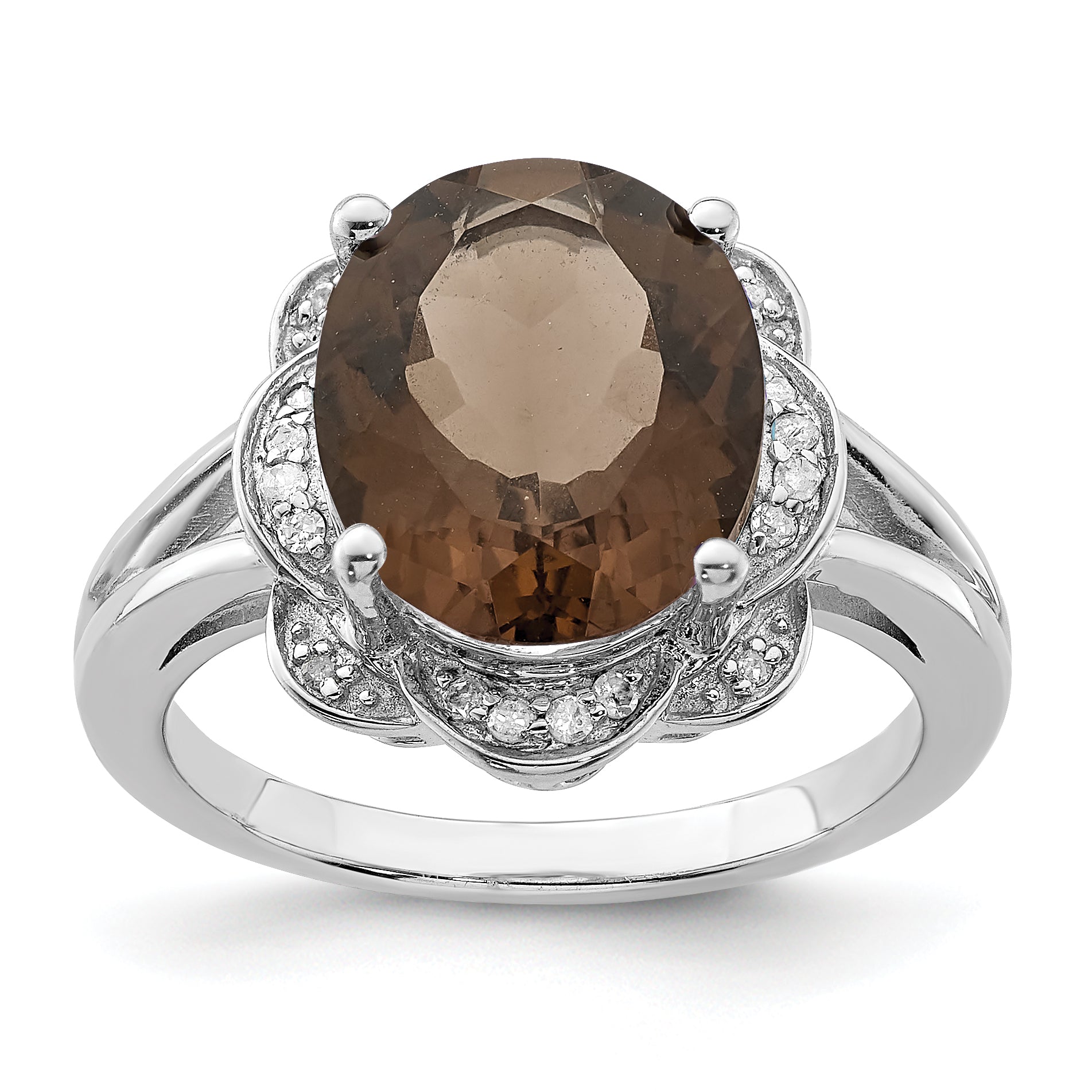 Sterling Silver Rhodium Oval Smoky Quartz & Diam. Ring Main image