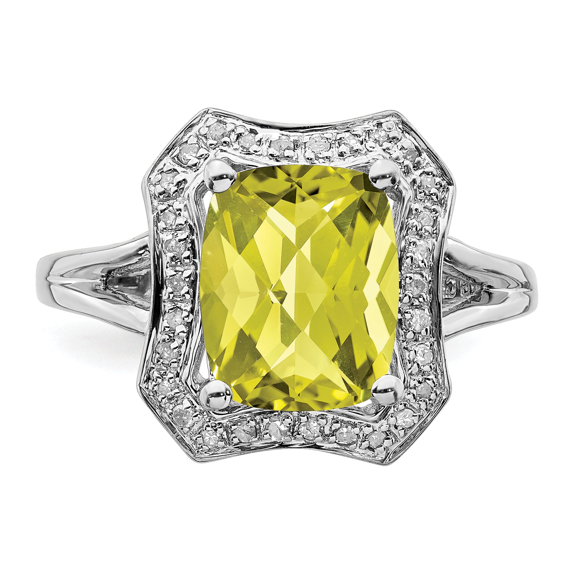 Sterling Silver Rhodium Checker-Cut Lemon Quartz & Diam. Ring