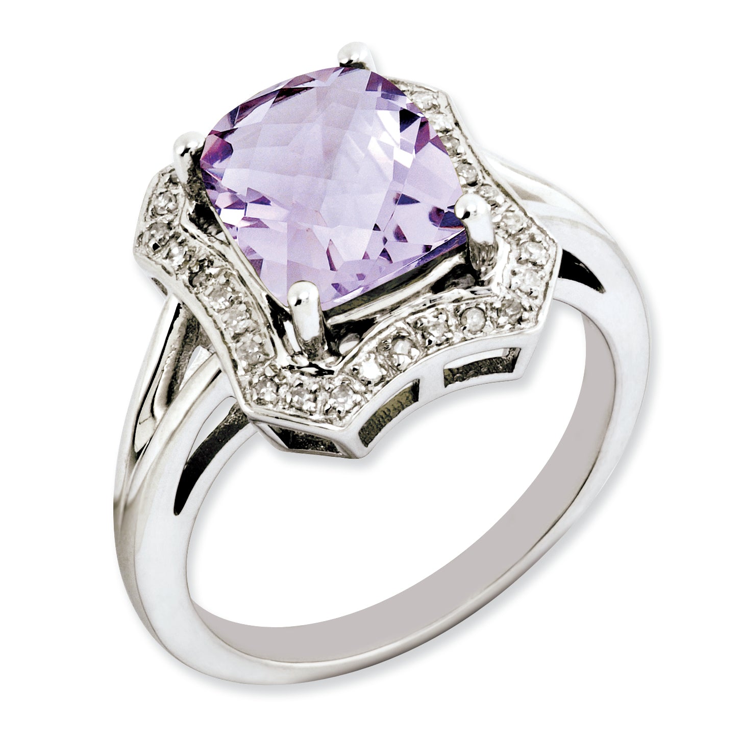 Sterling Silver Rhodium-plated Checker-Cut Pink Quartz & Diamond Ring