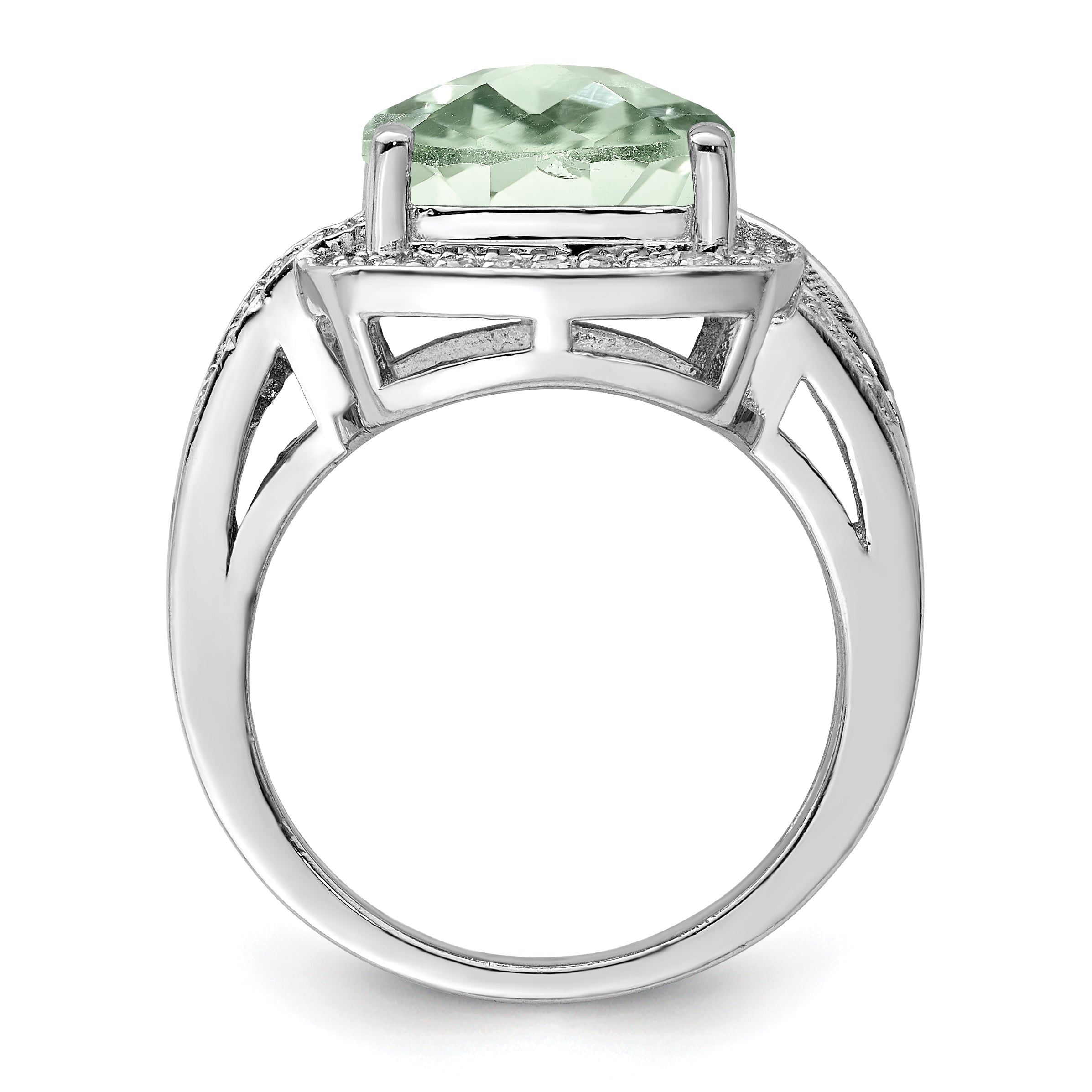 Sterling Silver Rhodium Checker-Cut Green Quartz & Diam. Ring Secondary image