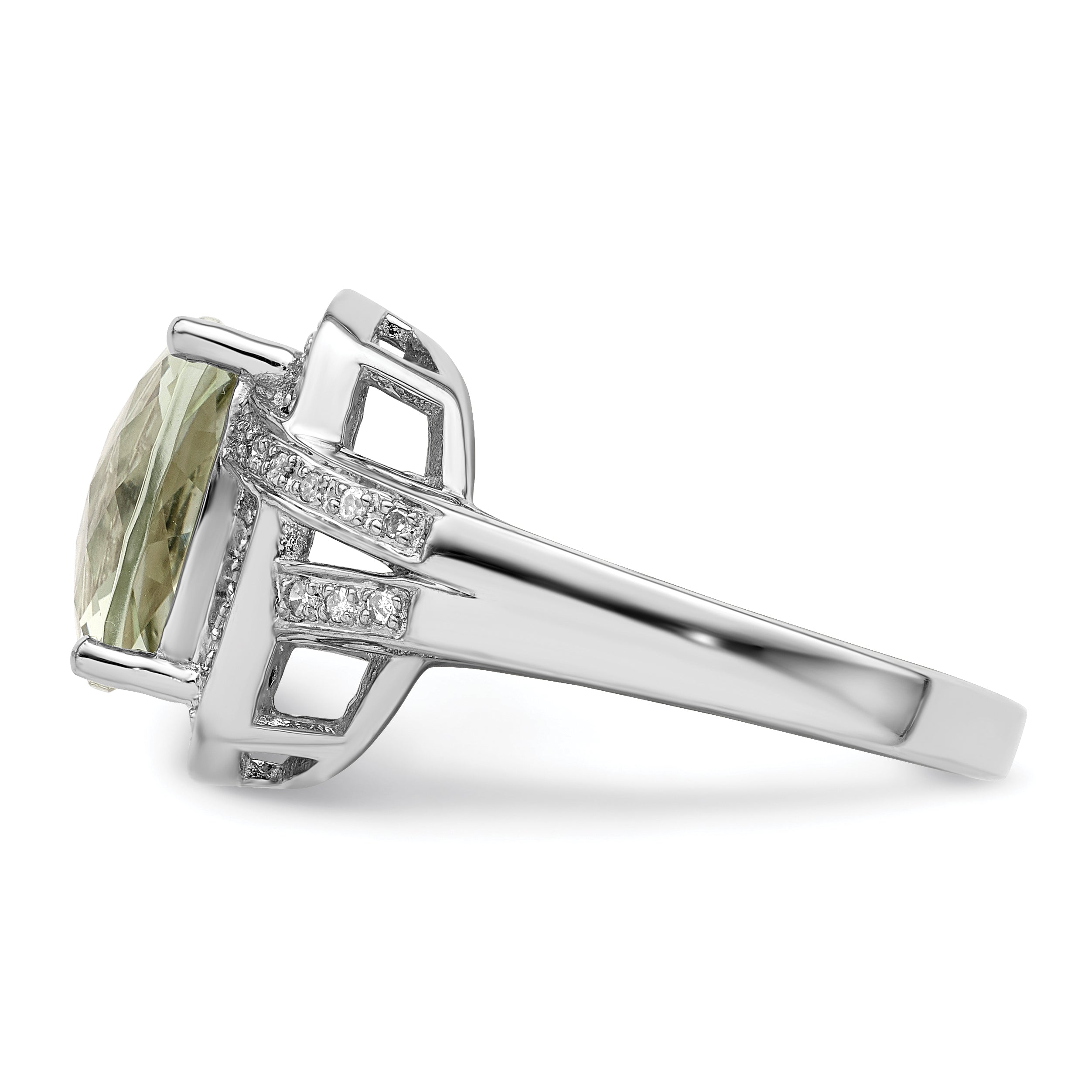 Sterling Silver Rhodium Checker-Cut Green Quartz & Diam. Ring