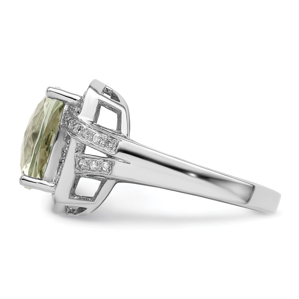Sterling Silver Rhodium Checker-Cut Green Quartz & Diam. Ring