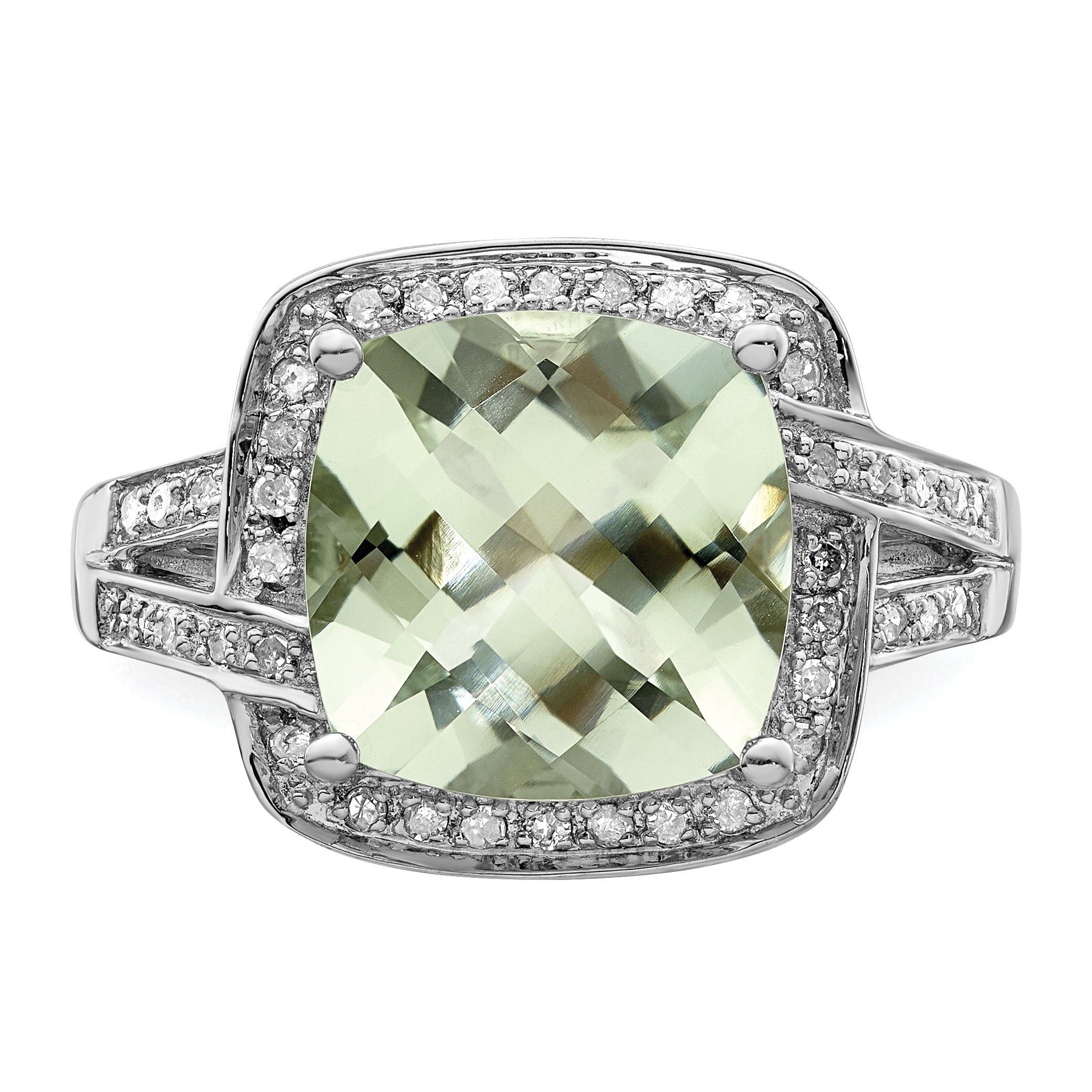 Sterling Silver Rhodium Checker-Cut Green Quartz & Diam. Ring