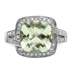 Sterling Silver Rhodium Checker-Cut Green Quartz & Diam. Ring