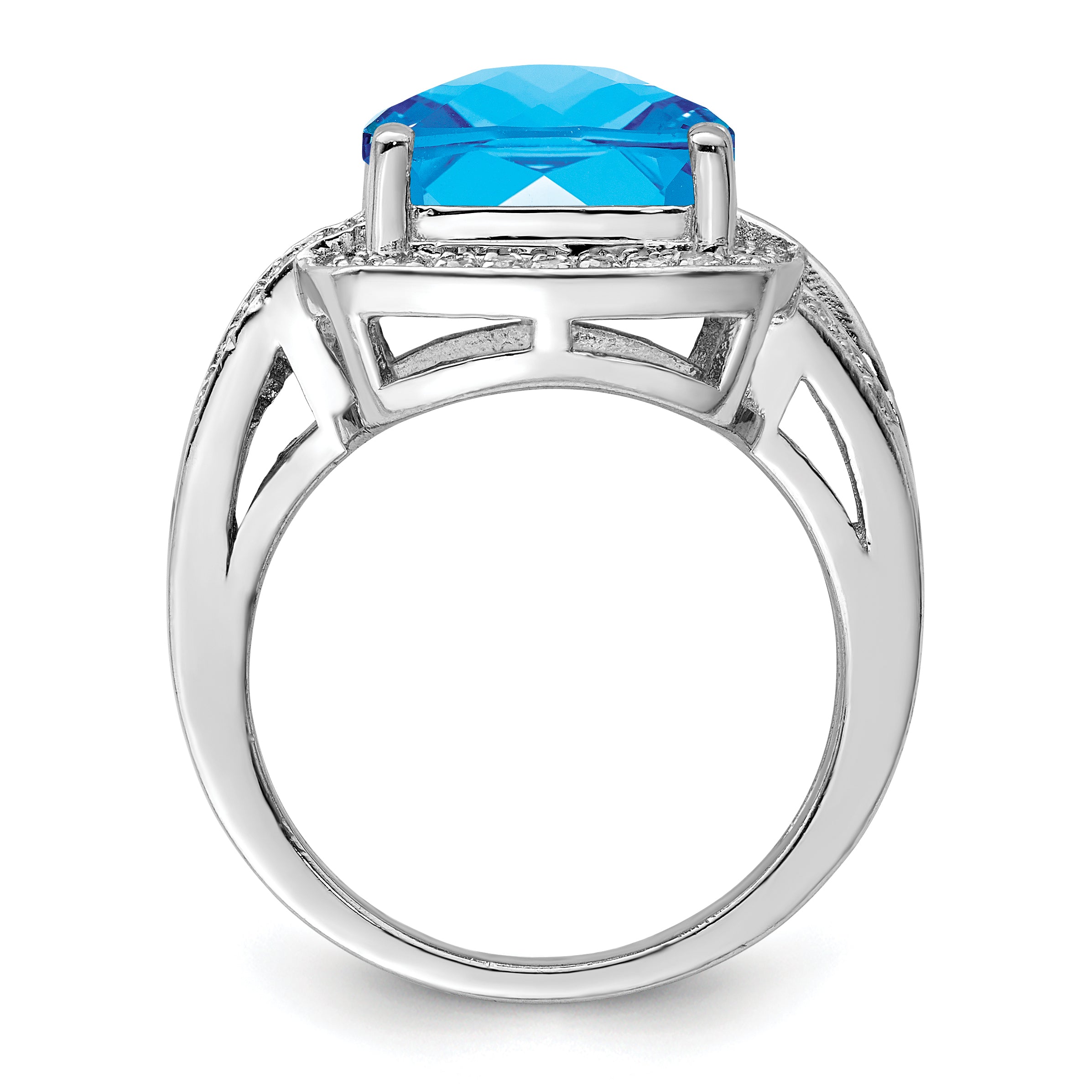 Sterling Silver Rhodium Checker-Cut Swiss Blue Topaz & Diam. Ring