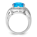 Sterling Silver Rhodium Checker-Cut Swiss Blue Topaz & Diam. Ring