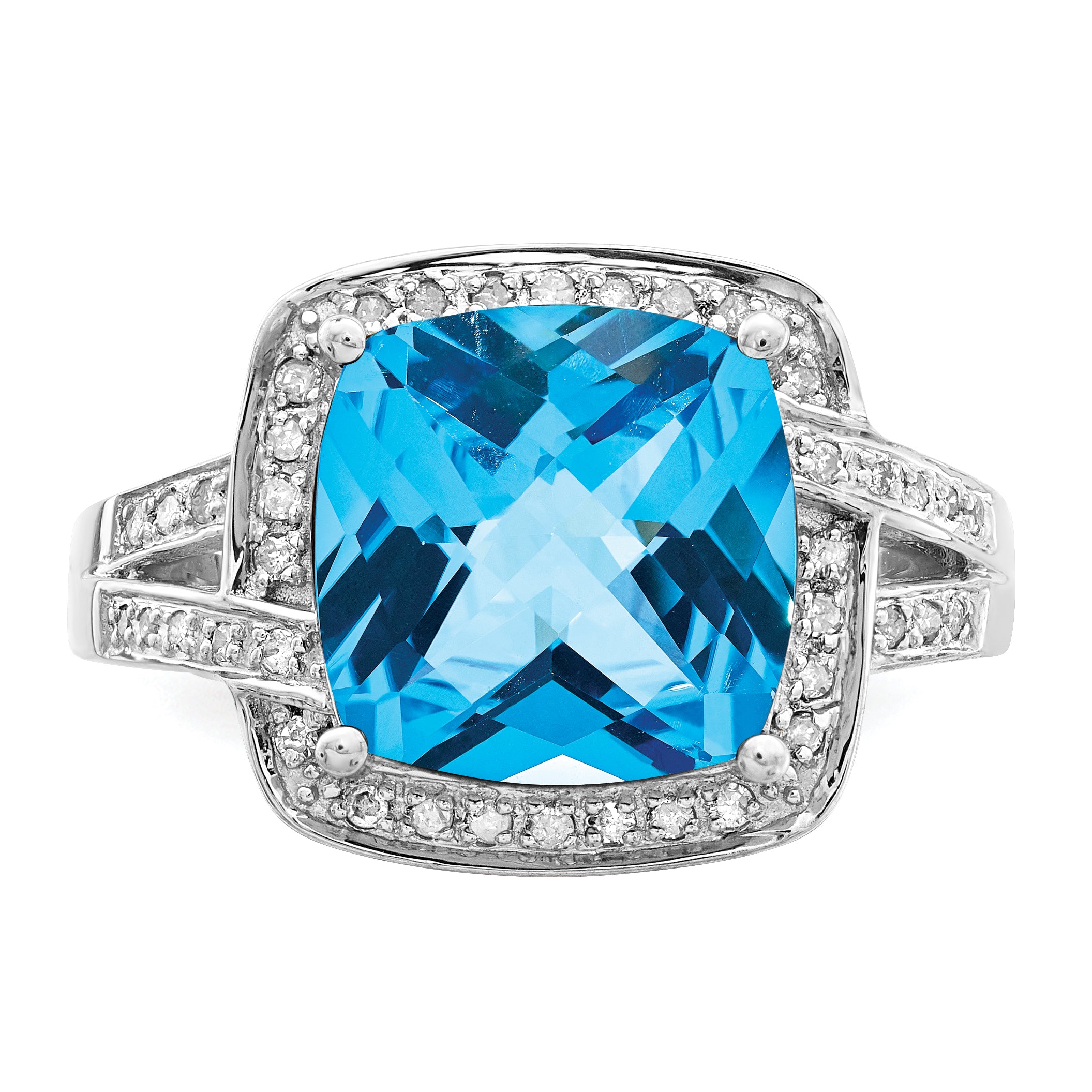 Sterling Silver Rhodium Checker-Cut Swiss Blue Topaz & Diam. Ring