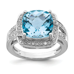 Sterling Silver Rhodium Checker-Cut Swiss Blue Topaz & Diam. Ring