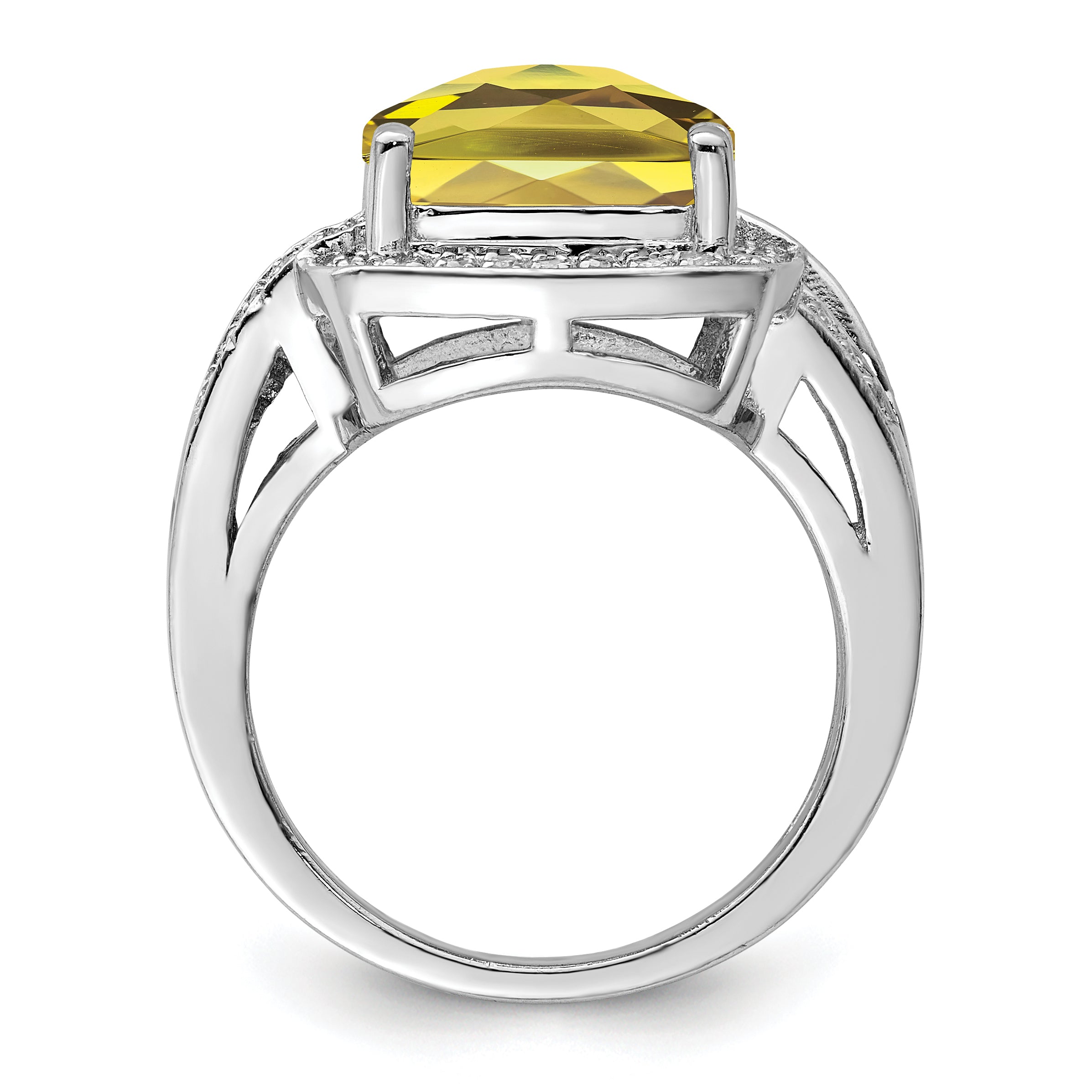 Sterling Silver Rhodium Checker-Cut Lemon Quartz & Diam. Ring