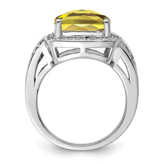 Sterling Silver Rhodium Checker-Cut Lemon Quartz & Diam. Ring