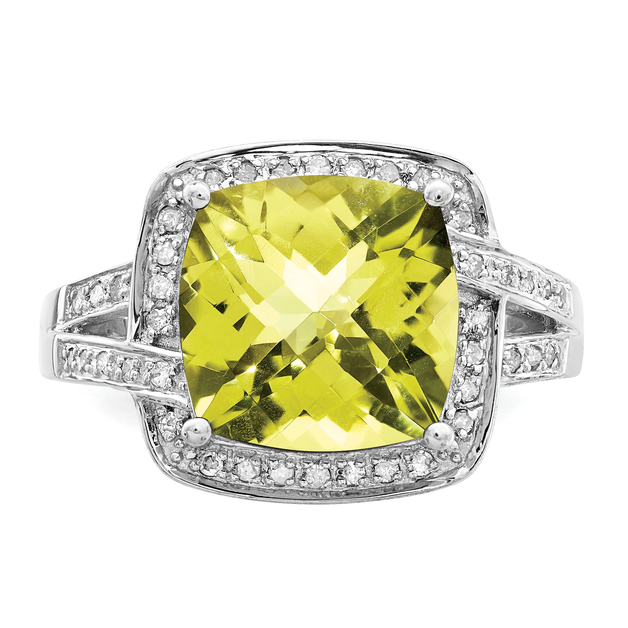 Sterling Silver Rhodium Checker-Cut Lemon Quartz & Diam. Ring