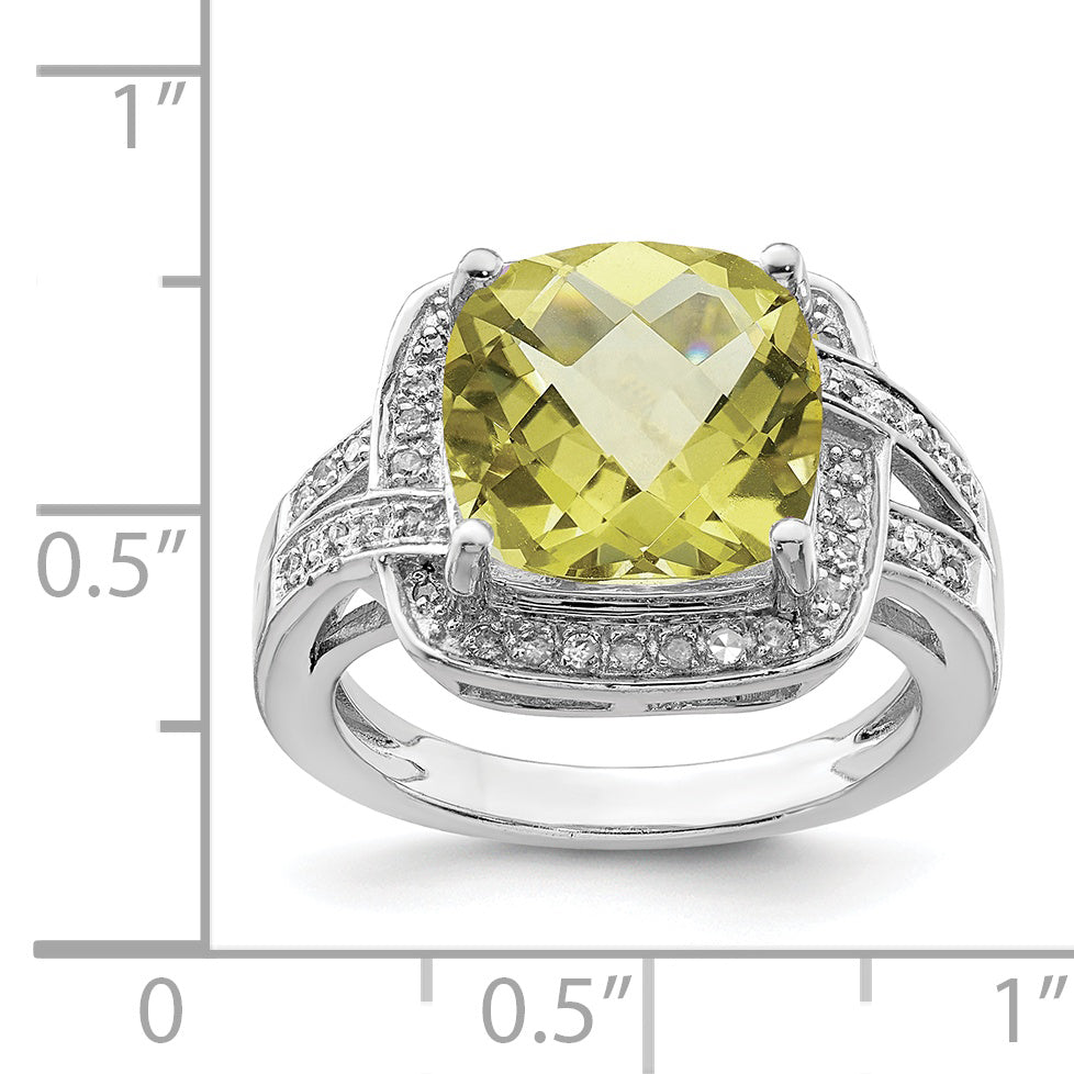 Sterling Silver Rhodium Checker-Cut Lemon Quartz & Diam. Ring