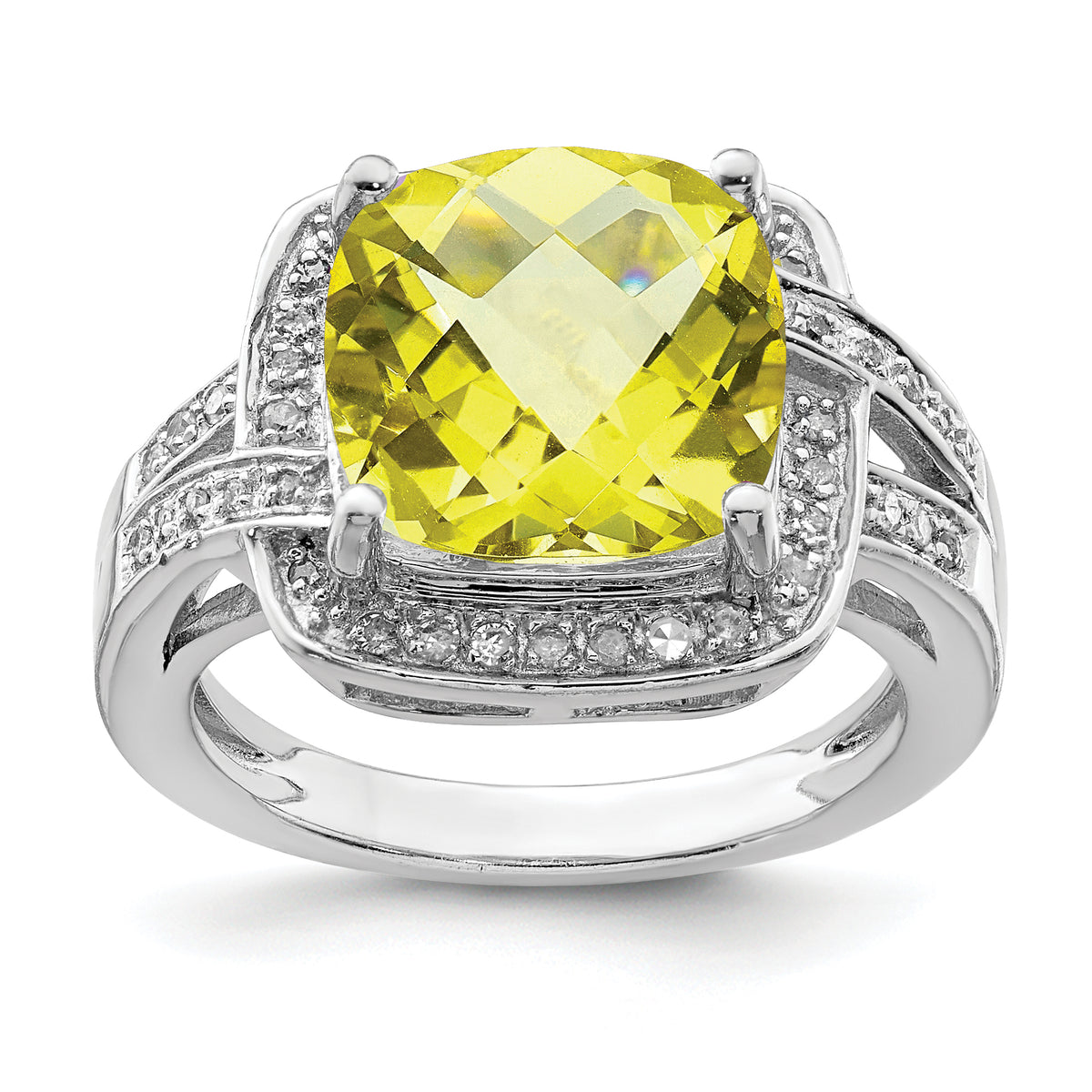 Sterling Silver Rhodium Checker-Cut Lemon Quartz & Diam. Ring