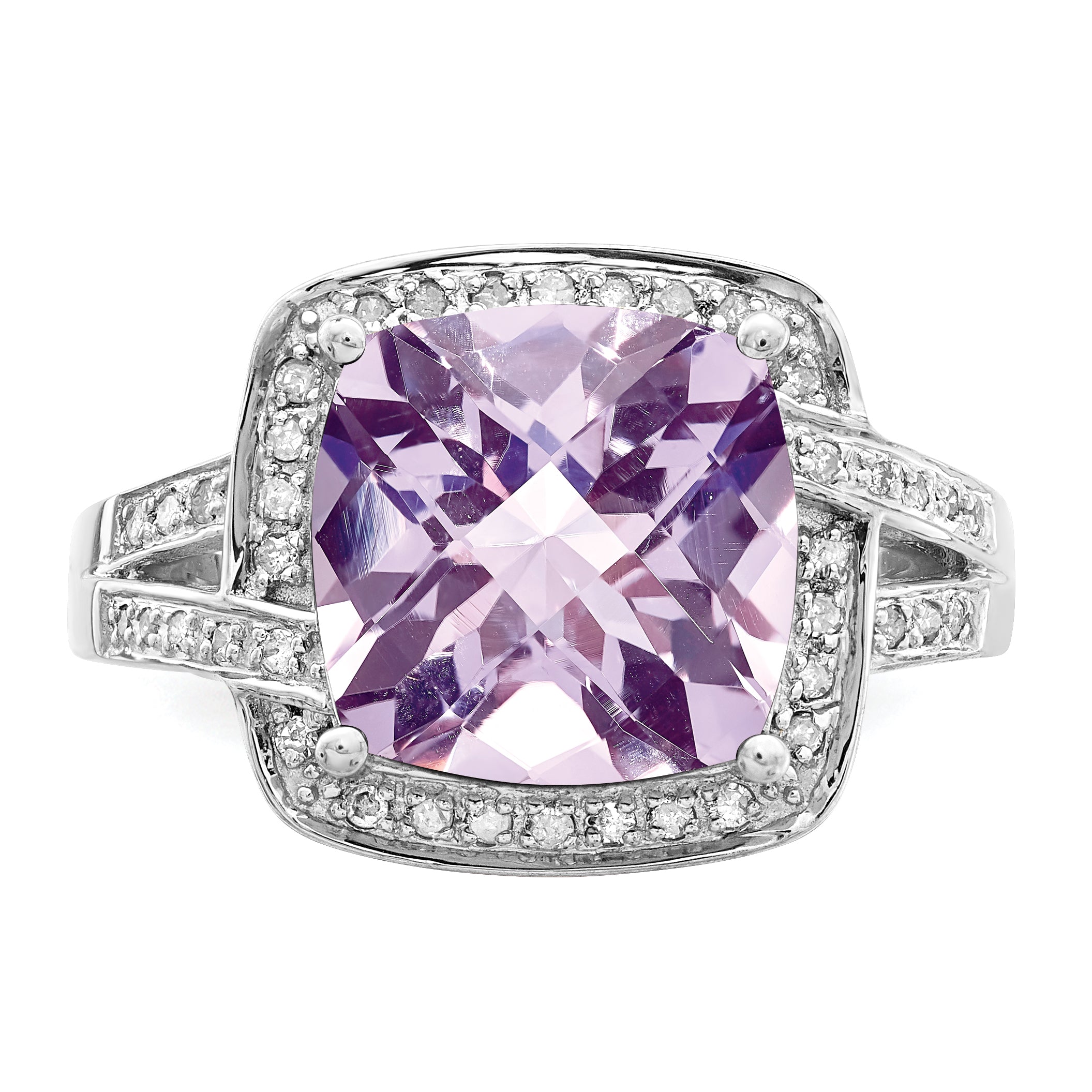 Sterling Silver Rhodium Checker-Cut Pink Quartz & Diam. Ring
