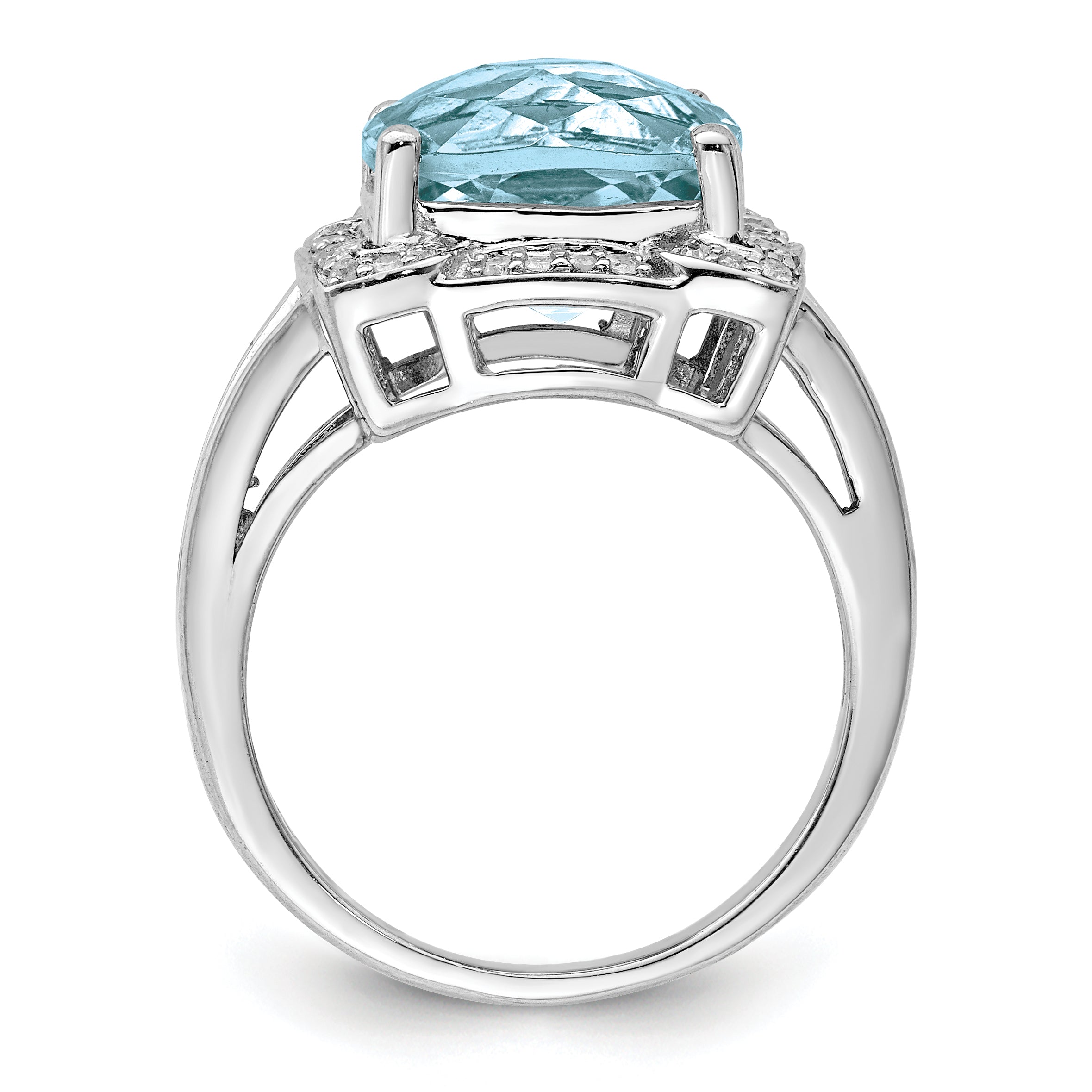 Sterling Silver Rhodium Checker-Cut Sky Blue Topaz & Diam. Ring