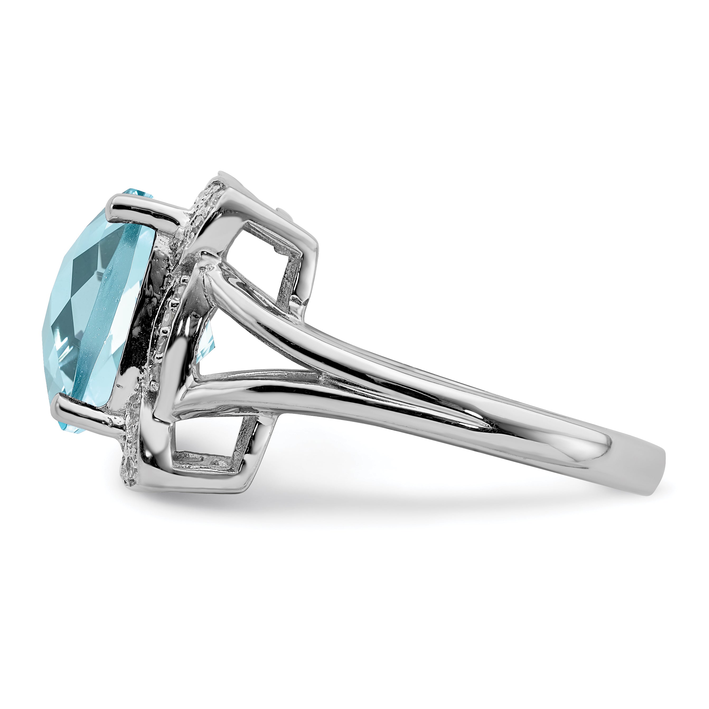 Sterling Silver Rhodium Checker-Cut Sky Blue Topaz & Diam. Ring