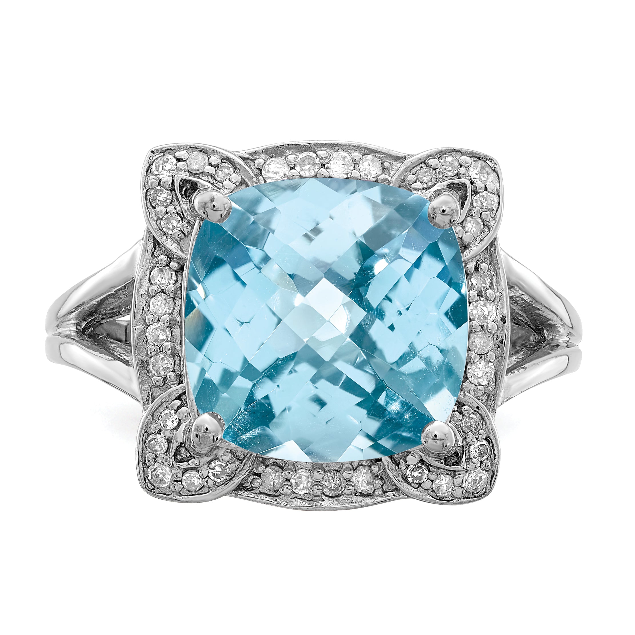 Sterling Silver Rhodium Checker-Cut Sky Blue Topaz & Diam. Ring