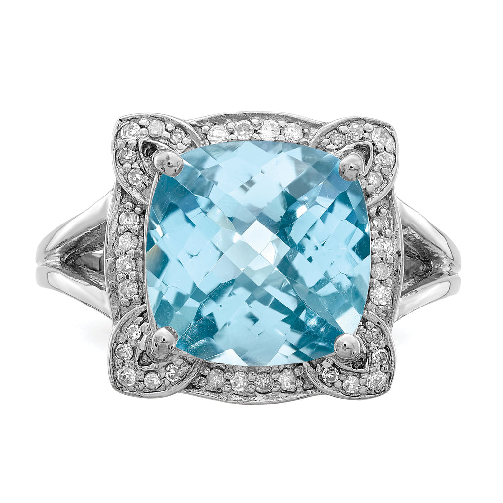 Sterling Silver Rhodium Checker-Cut Sky Blue Topaz & Diam. Ring