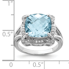 Sterling Silver Rhodium Checker-Cut Sky Blue Topaz & Diam. Ring