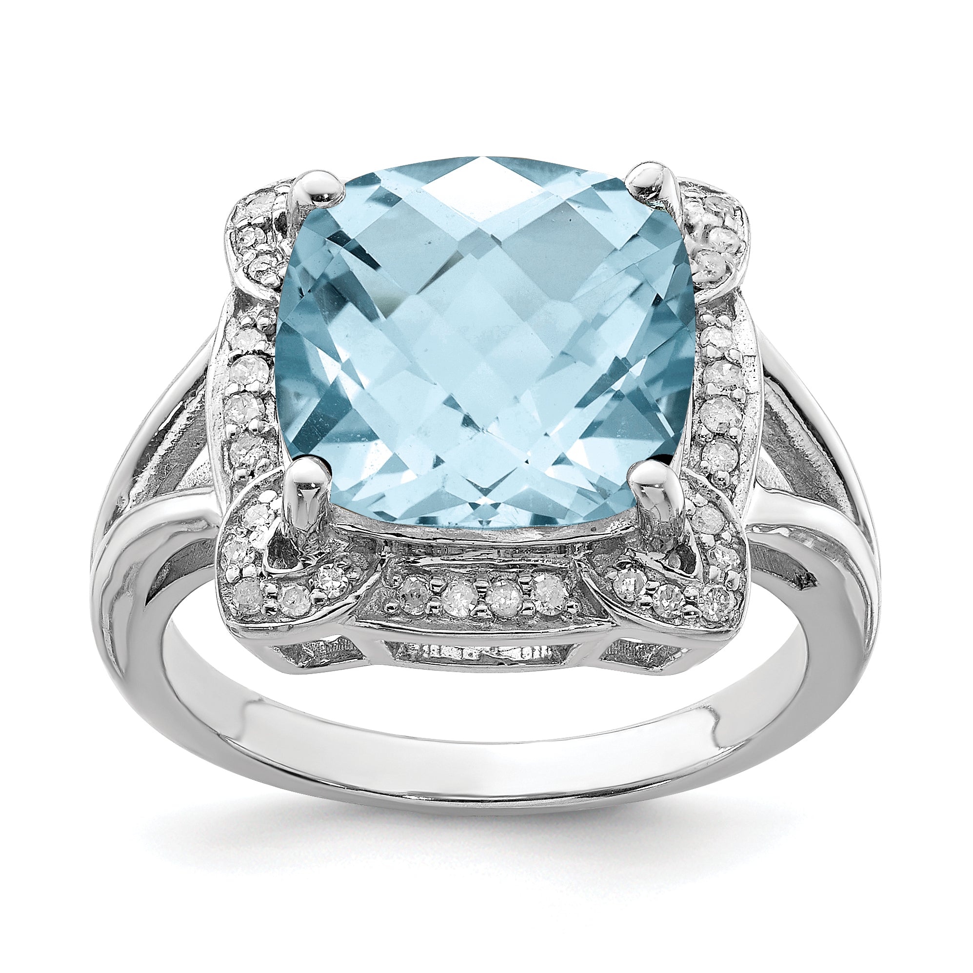 Sterling Silver Rhodium Checker-Cut Sky Blue Topaz & Diam. Ring