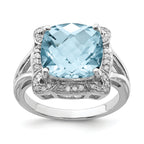 Sterling Silver Rhodium Checker-Cut Sky Blue Topaz & Diam. Ring