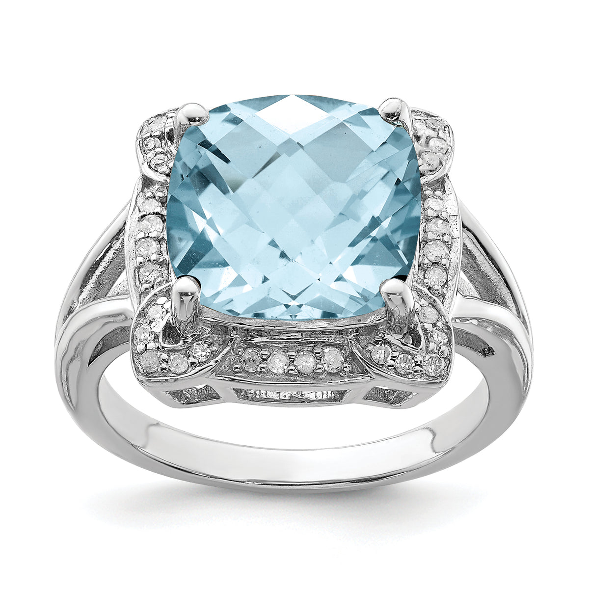 Sterling Silver Rhodium Checker-Cut Sky Blue Topaz & Diam. Ring