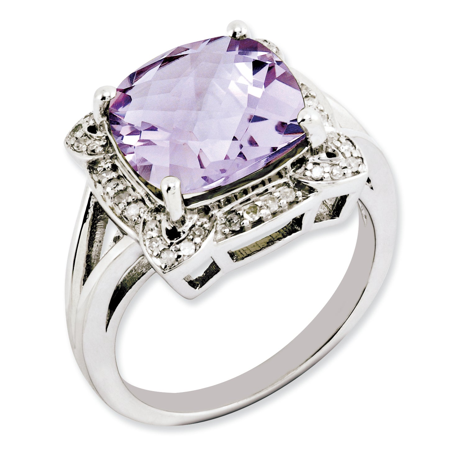 Sterling Silver Rhodium-plated Checker-Cut Pink Quartz & Diamond Ring