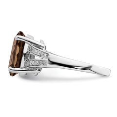 Sterling Silver Rhodium Oval Smoky Quartz & Diam. Ring