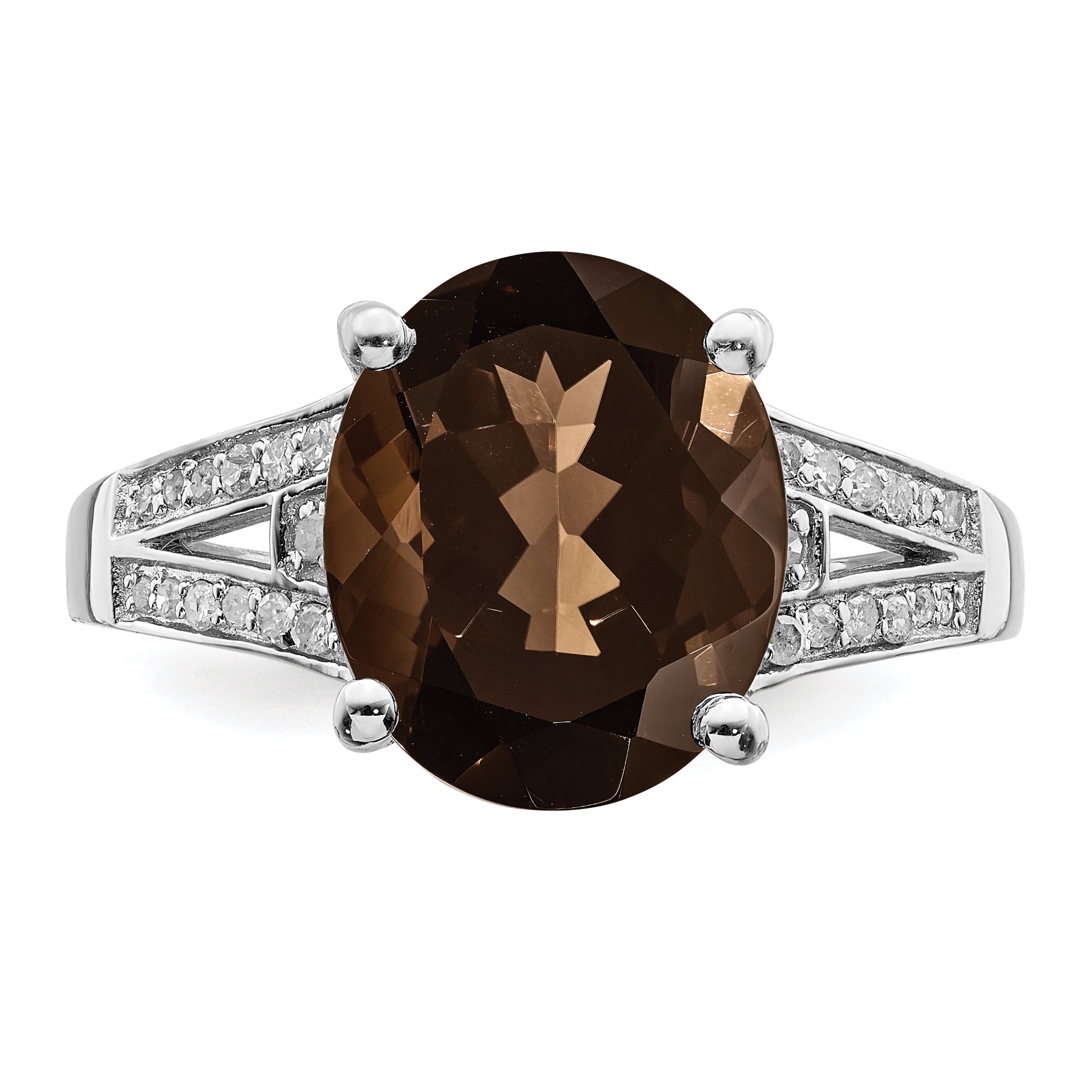 Sterling Silver Rhodium Oval Smoky Quartz & Diam. Ring