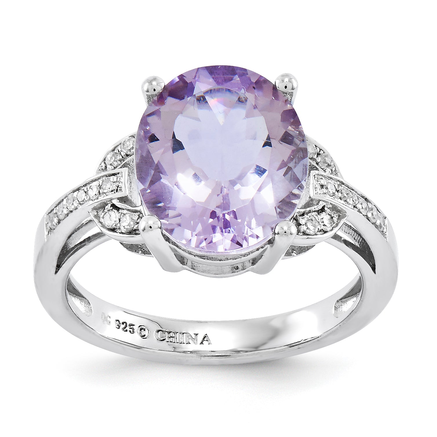 Sterling Silver Rhodium-plated Pink Quartz & Diamond Ring Main image