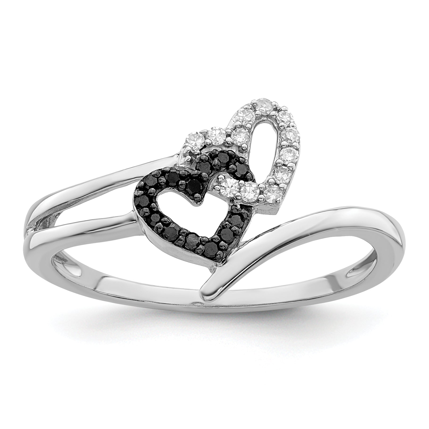 White Night Sterling Silver Rhodium-plated Black and White Diamond Double Heart Ring Main image