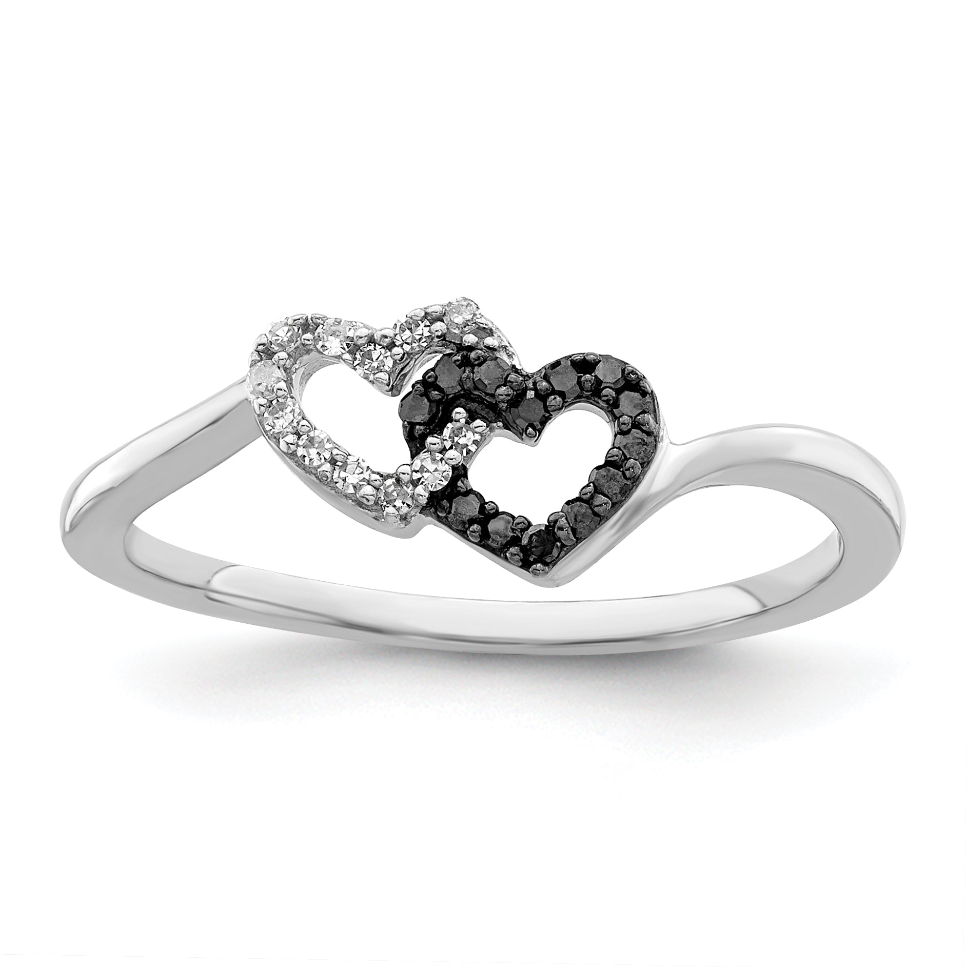 White Night Sterling Silver Rhodium-plated Black and White Diamond Double Heart Ring Main image
