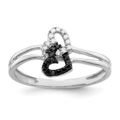 White Night Sterling Silver Rhodium-plated Black and White Diamond Double Heart Ring