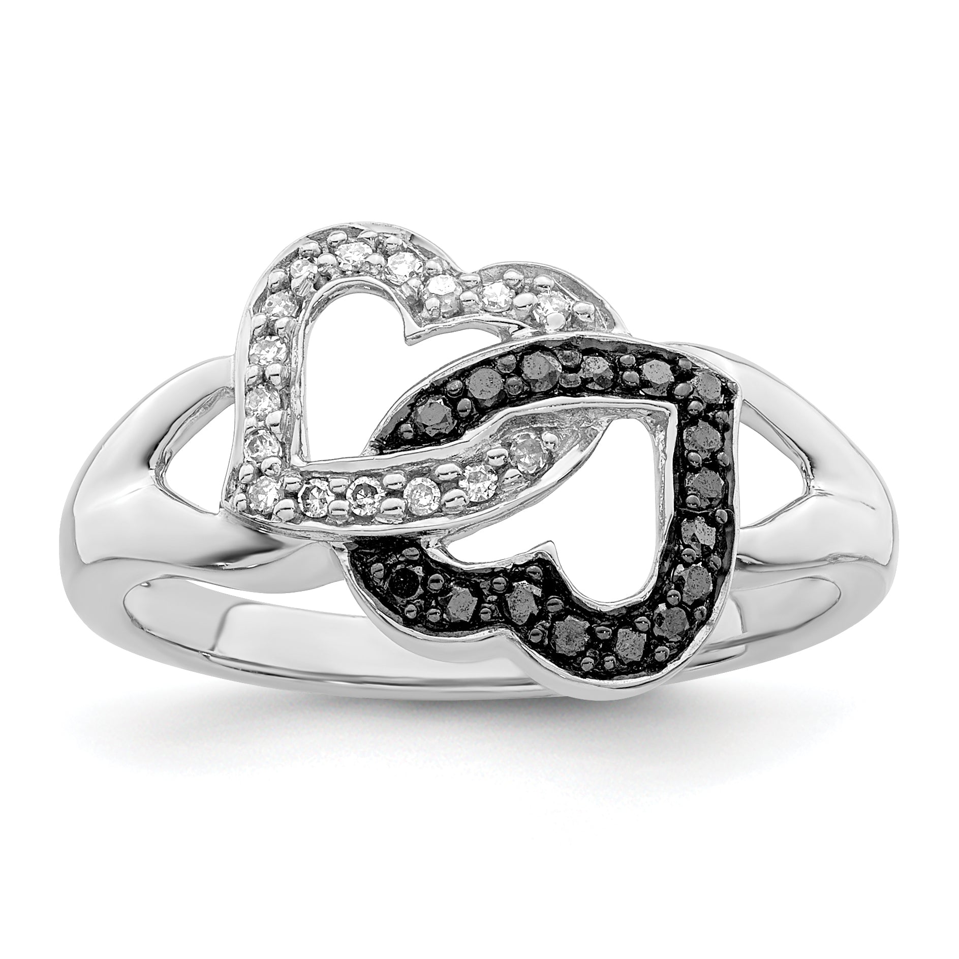 White Night Sterling Silver Rhodium-plated Black and White Diamond Hearts Ring Main image