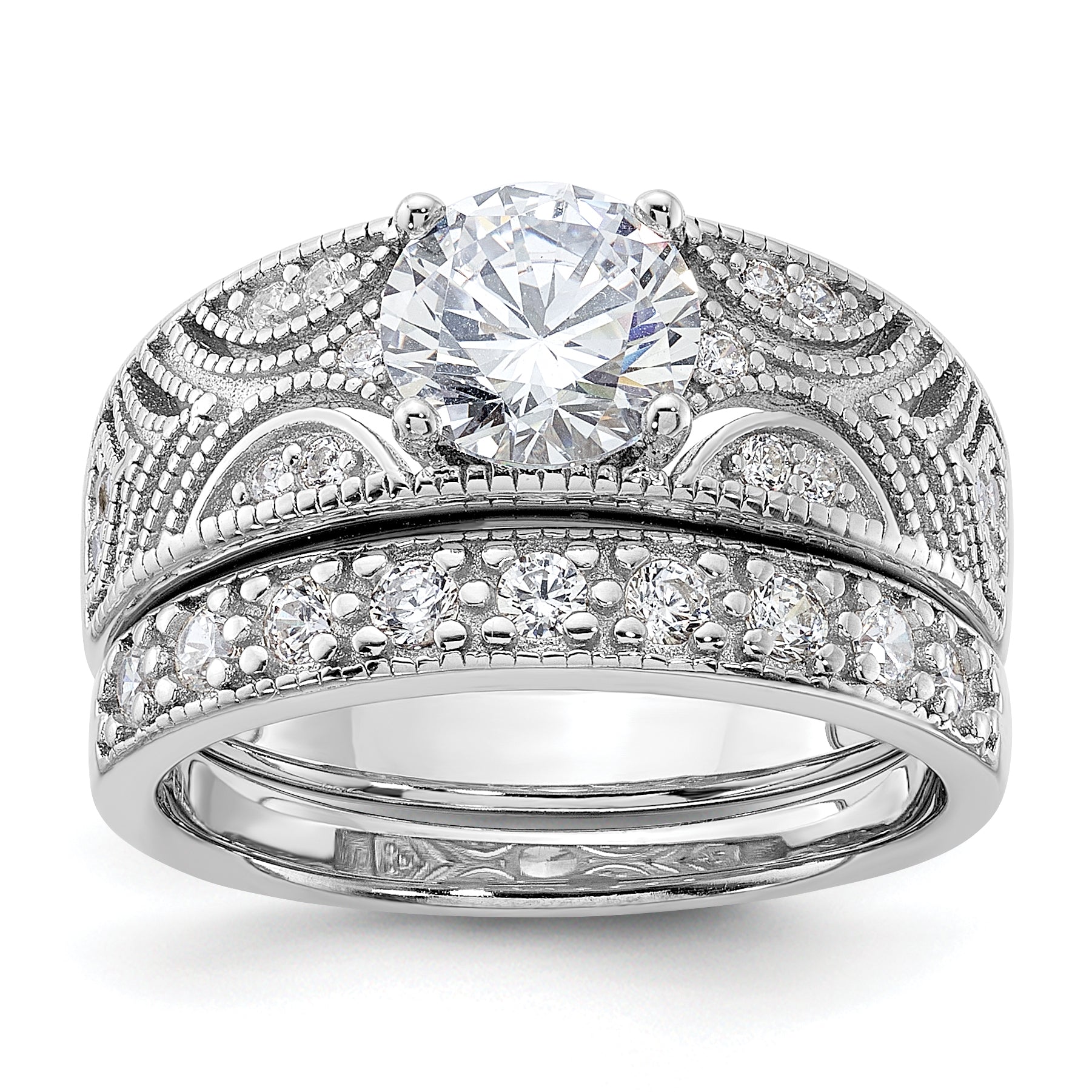 Sterling Silver Rhodium-Plated Round Cubic Zirconi Center Wedding Ring Set Main image