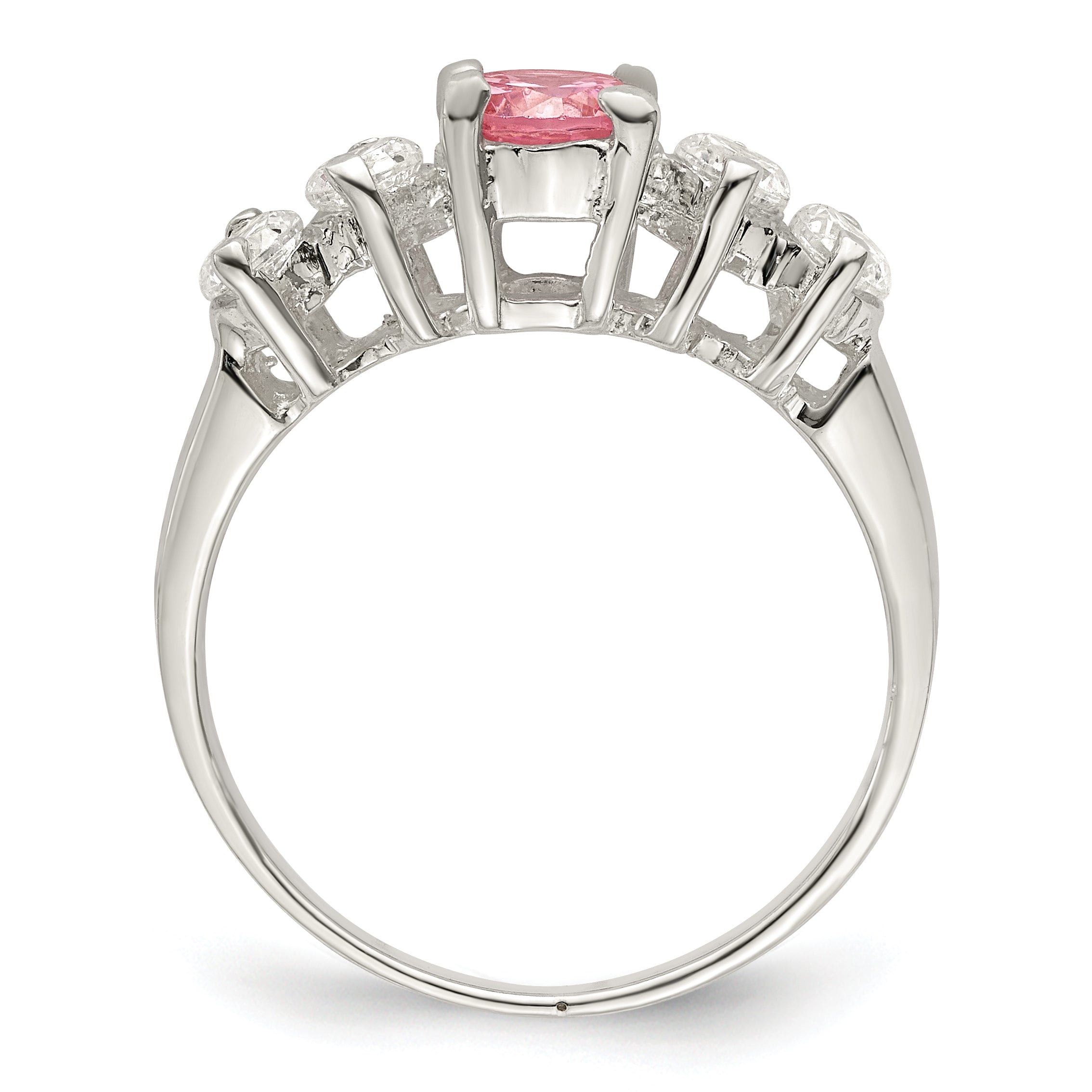 Sterling Silver Pink Round CZ With Side Stones Ring