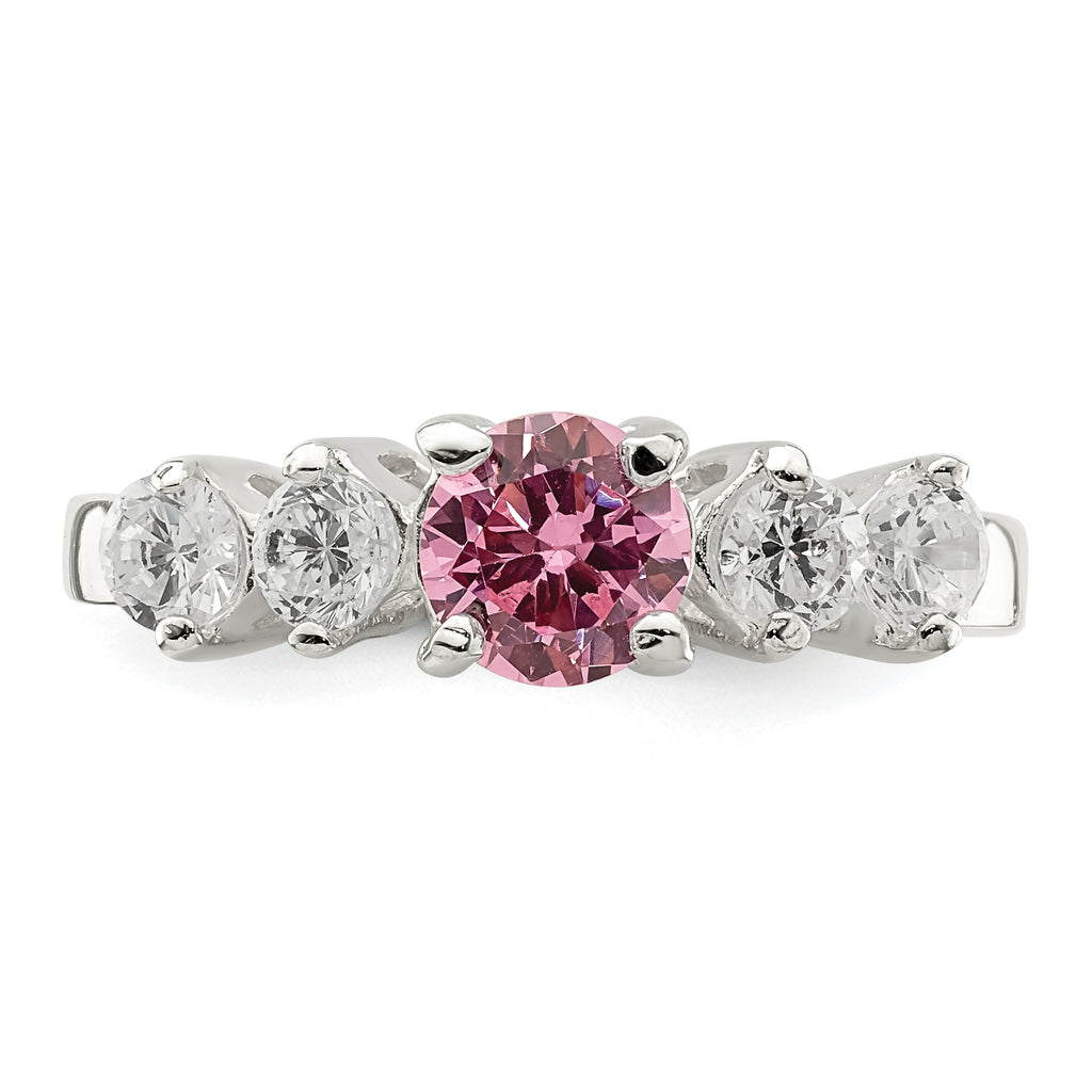 Sterling Silver Pink Round CZ With Side Stones Ring